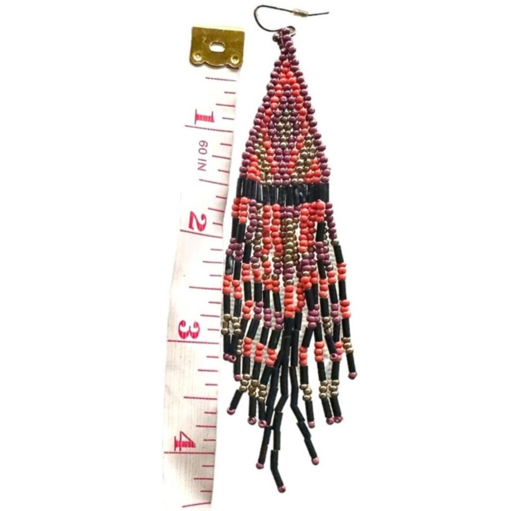 Boho Handmade OOAK Beaded Hanging Earrings Long Lightweight Pink Orange Black - Picture 8 of 10